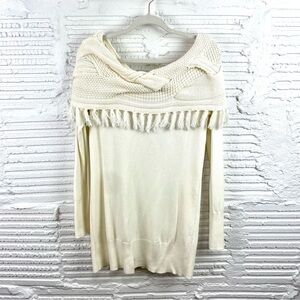 Cache NWT Y2K Cream Cable Knit‎ Tassel Fringe Off The Shoulder Long Sweater SZ L
